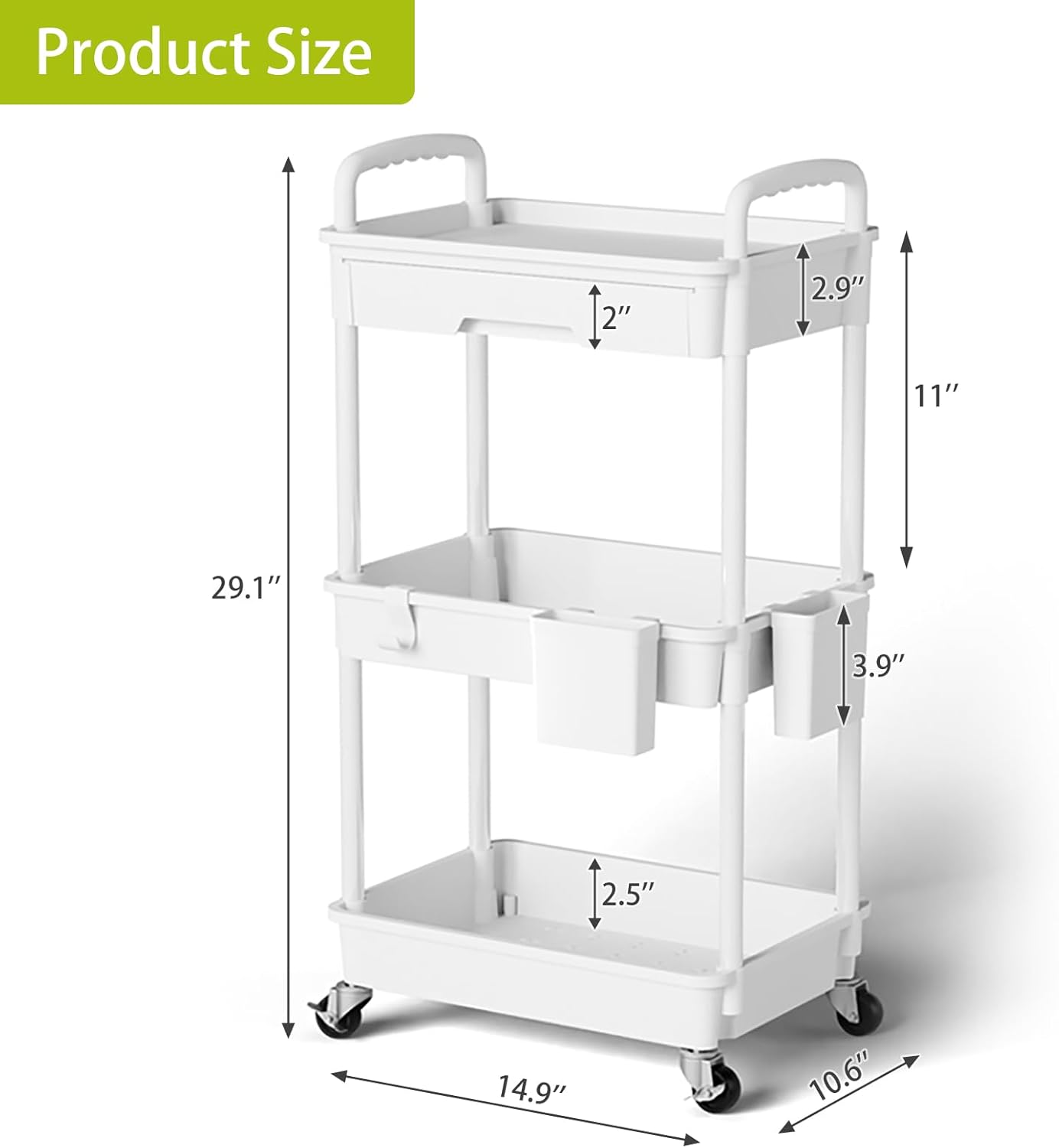 3-Tier Rolling Cart with Drawer – Mobile Storage Organizer with Wheels for Home & Office