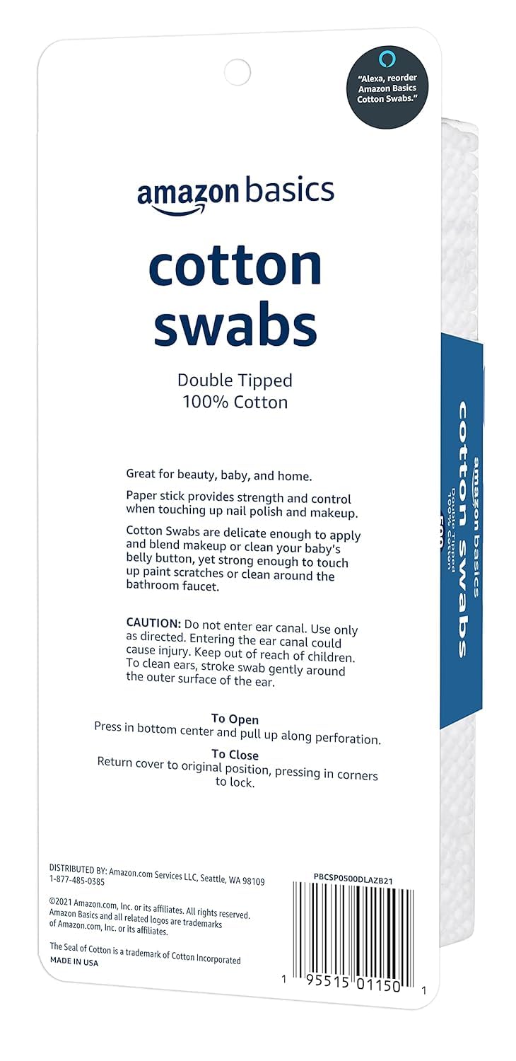 Amazon Basics Cotton Swabs – 100% Cotton, 500 Count, USA Made