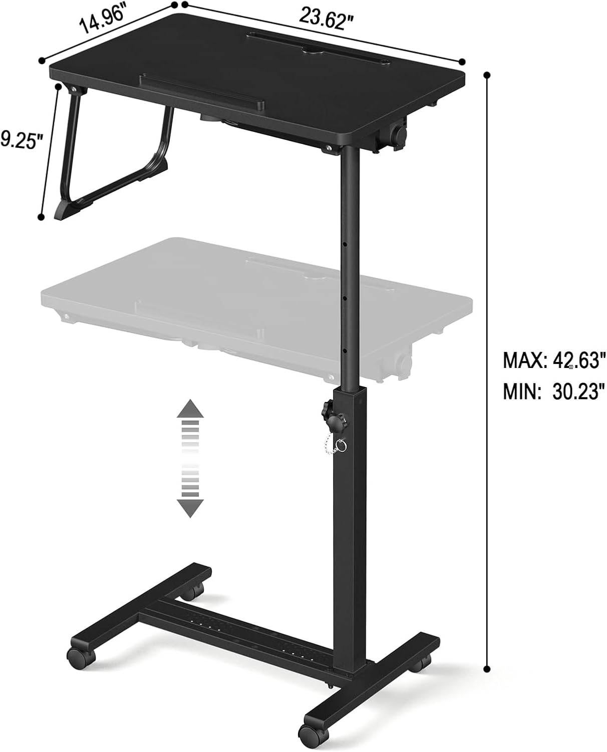 Adjustable Rolling Overbed Table – Height Adjustable Bedside Desk with Wheels (Black)