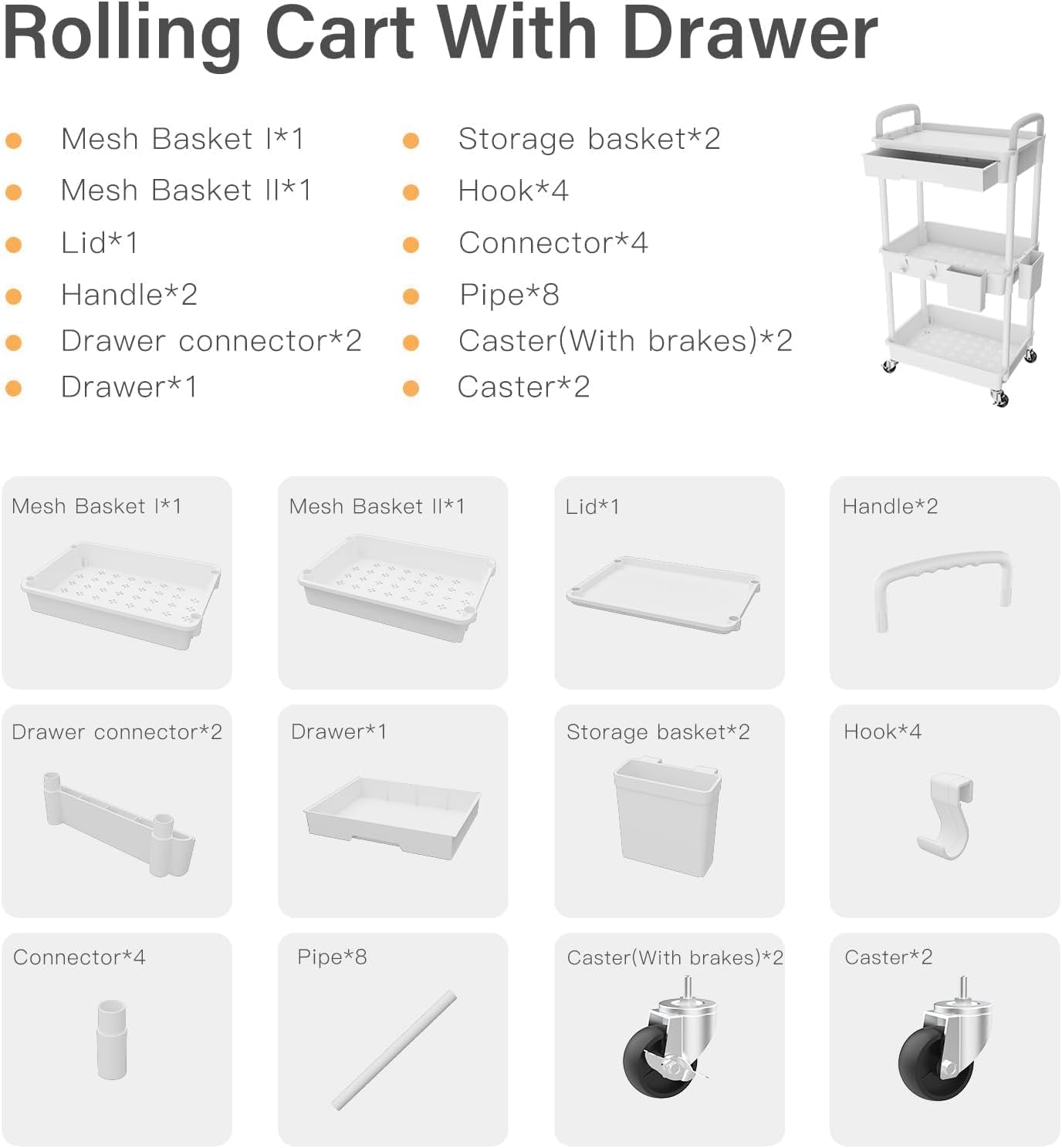 3-Tier Rolling Cart with Drawer – Mobile Storage Organizer with Wheels for Home & Office