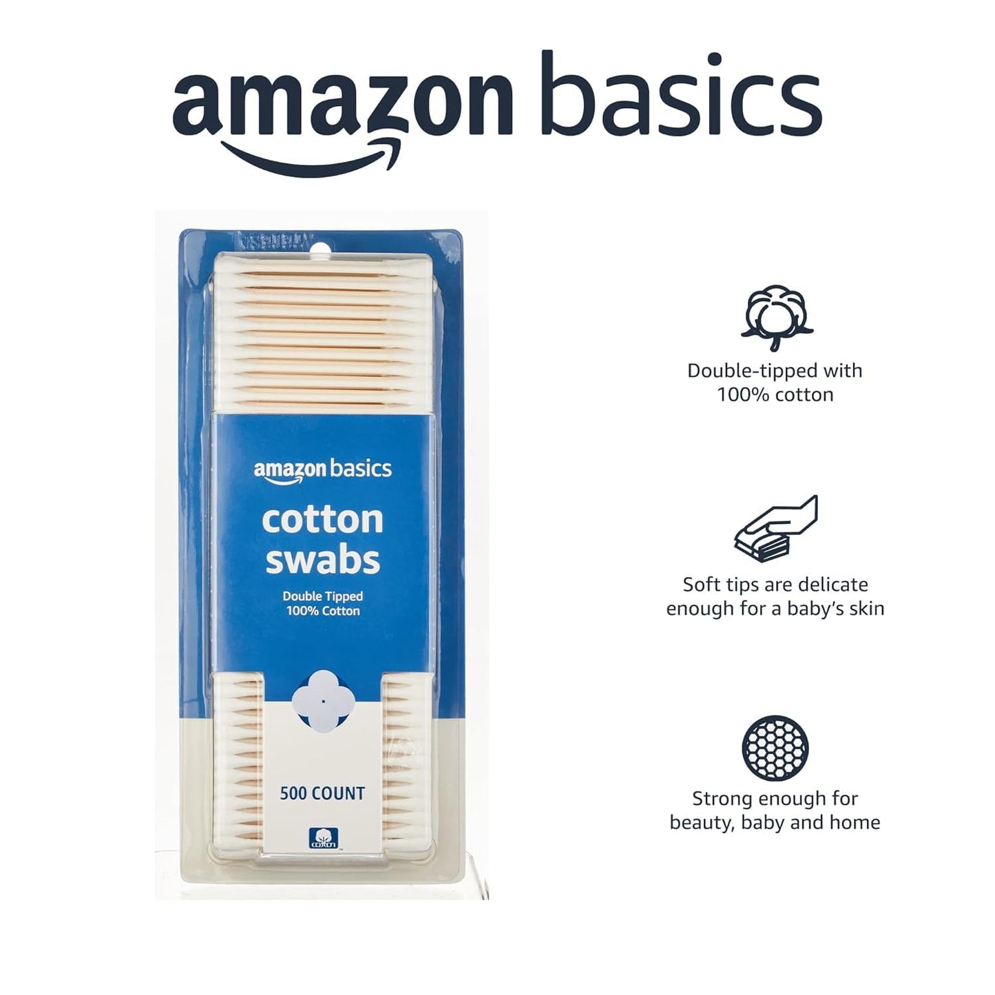 Amazon Basics Cotton Swabs – 100% Cotton, 500 Count, USA Made