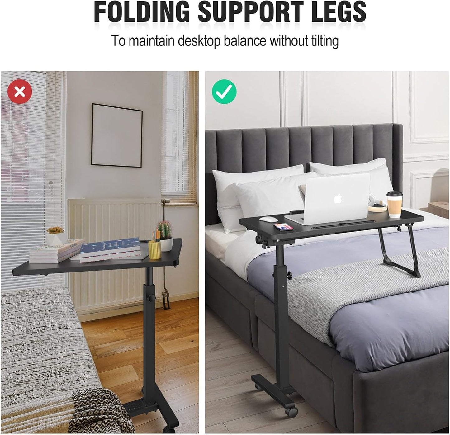 Adjustable Rolling Overbed Table – Height Adjustable Bedside Desk with Wheels (Black)