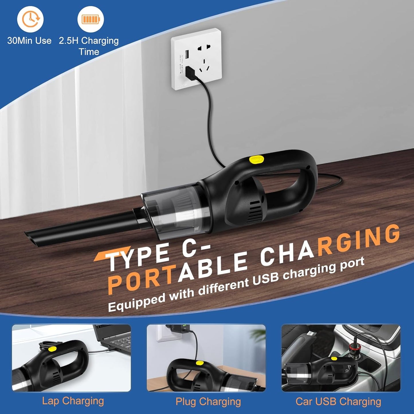 Cordless Handheld Car Vacuum – Compact, Strong Suction, with HEPA & Attachments