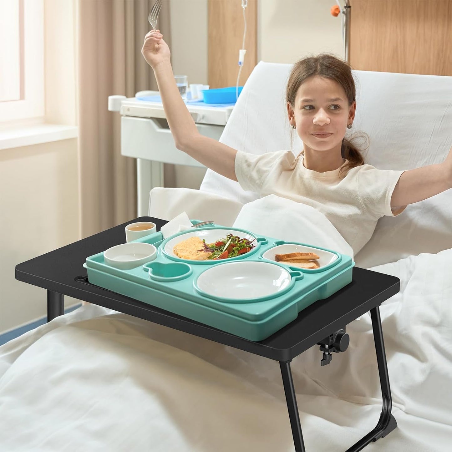 Adjustable Rolling Overbed Table – Height Adjustable Bedside Desk with Wheels (Black)