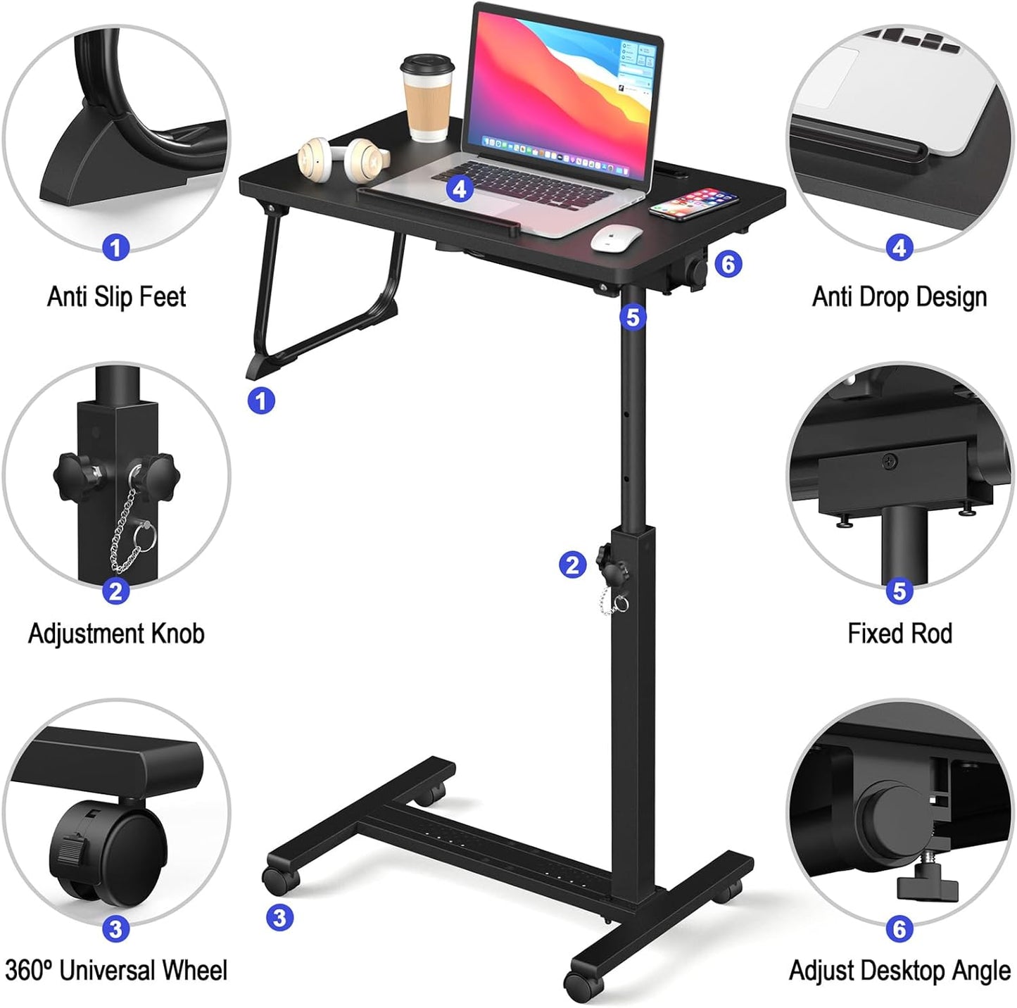 Adjustable Rolling Overbed Table – Height Adjustable Bedside Desk with Wheels (Black)