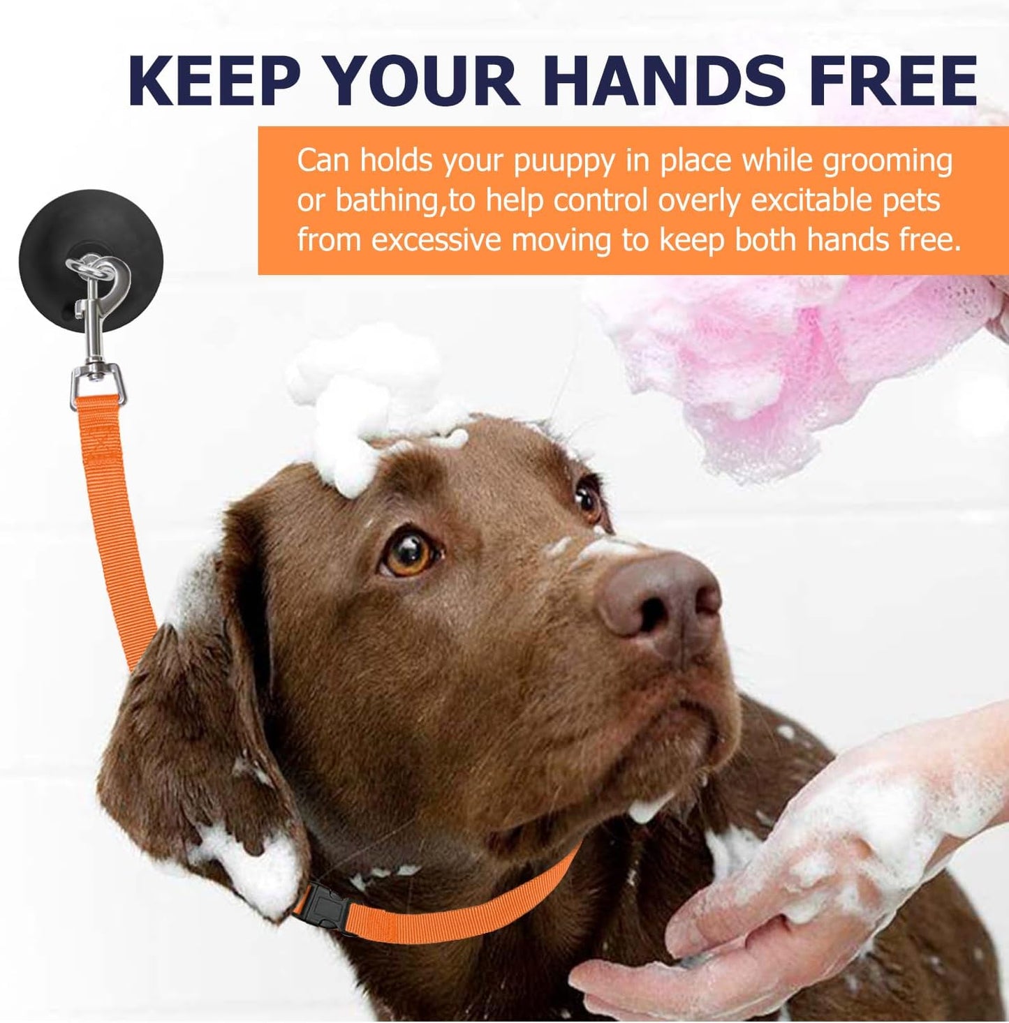 Adjustable Dog Bathing Tether with Suction Cup – Pet Grooming Restraint Strap (Orange)