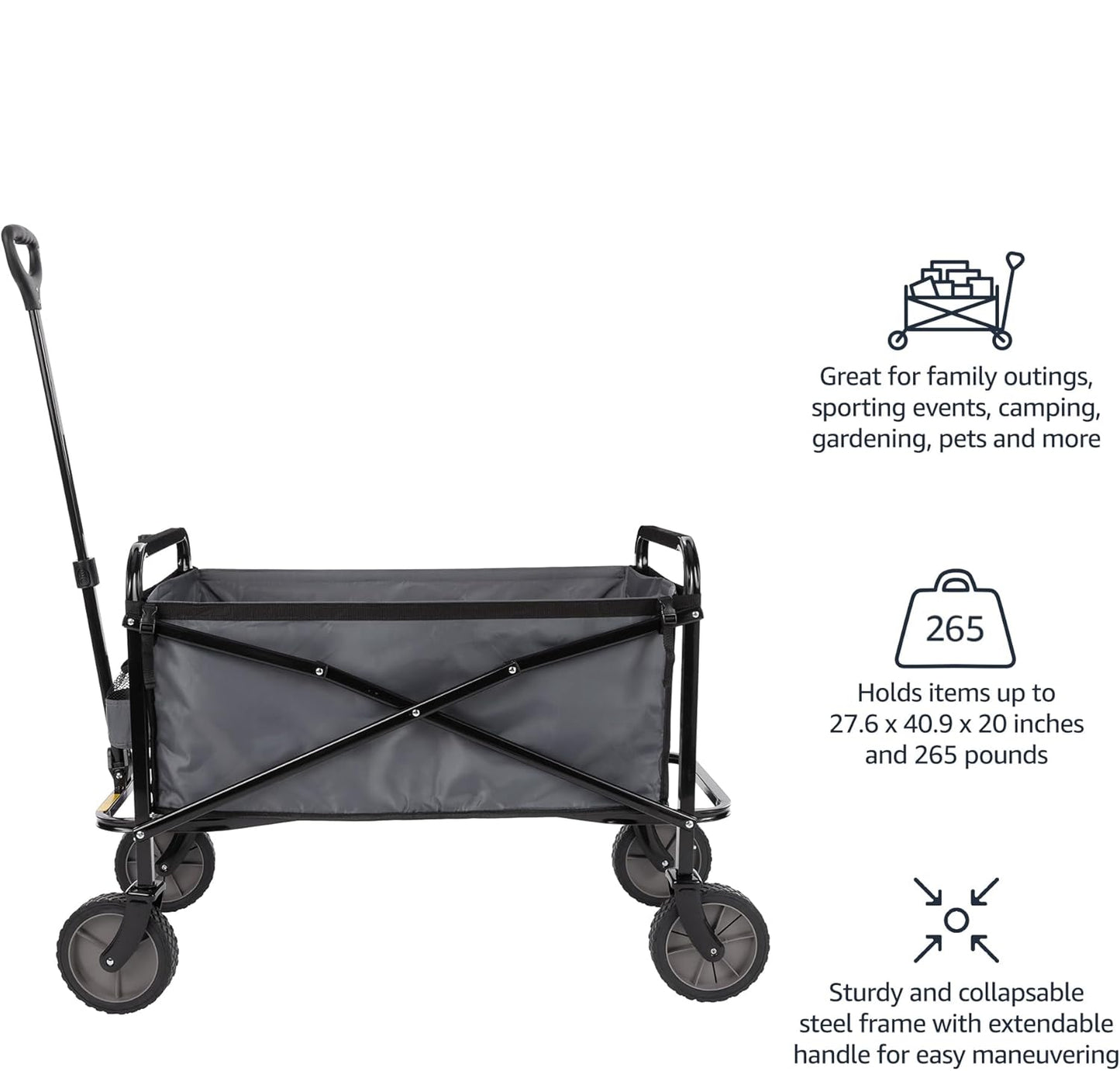 Collapsible Folding Utility Wagon – Heavy Duty Outdoor Cart, 265 lb Capacity (Gray)