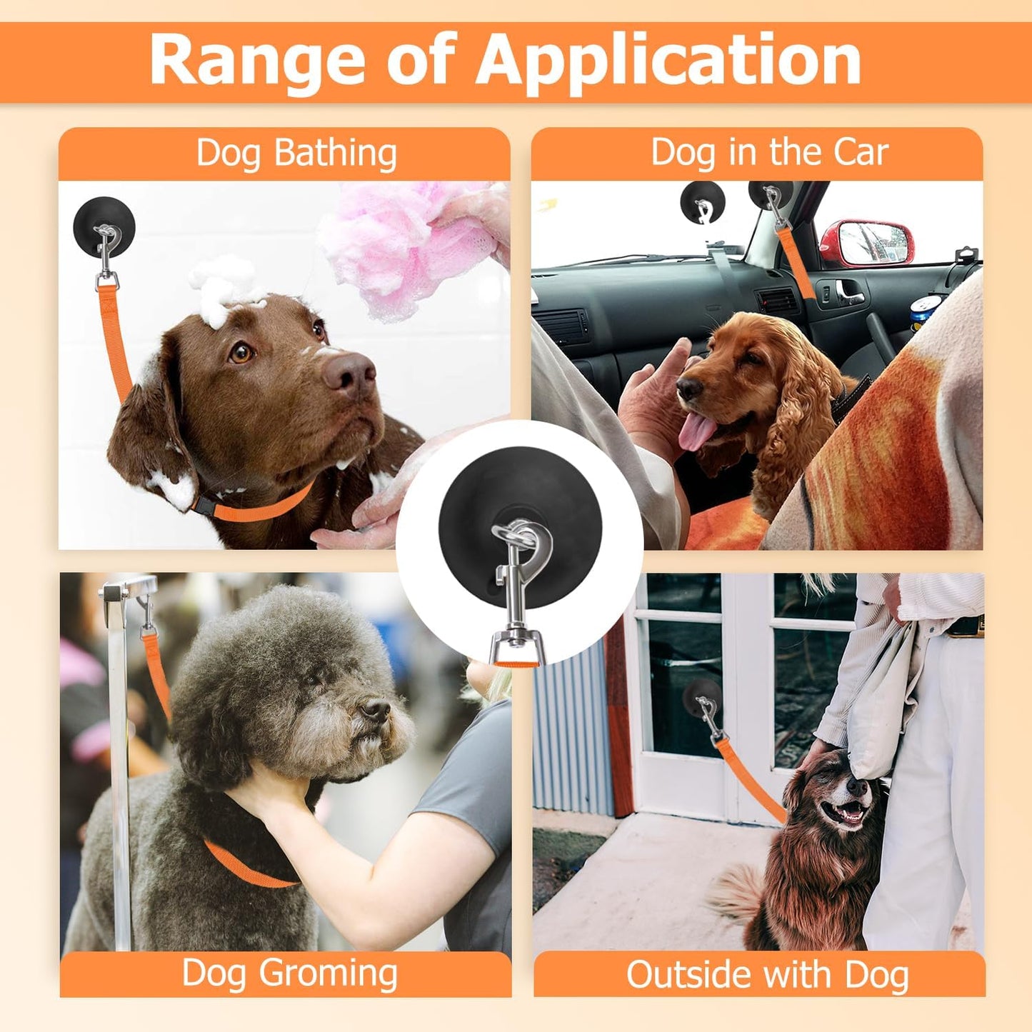 Adjustable Dog Bathing Tether with Suction Cup – Pet Grooming Restraint Strap (Orange)