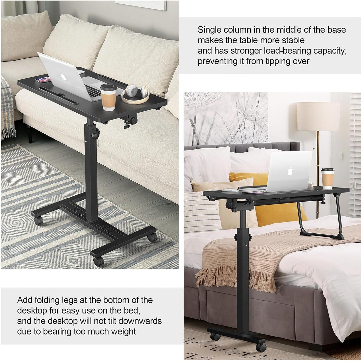 Adjustable Rolling Overbed Table – Height Adjustable Bedside Desk with Wheels (Black)