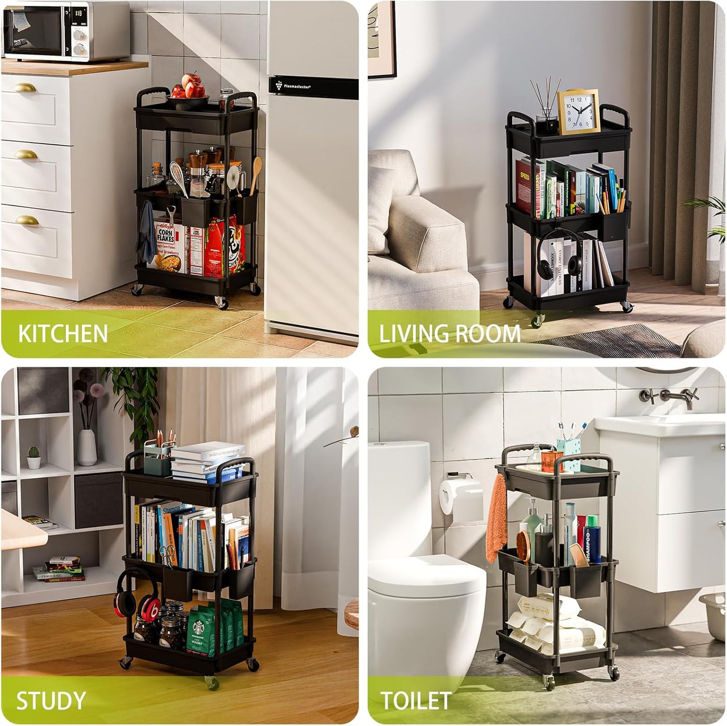 3-Tier Rolling Cart with Drawer – Mobile Storage Organizer with Wheels for Home & Office