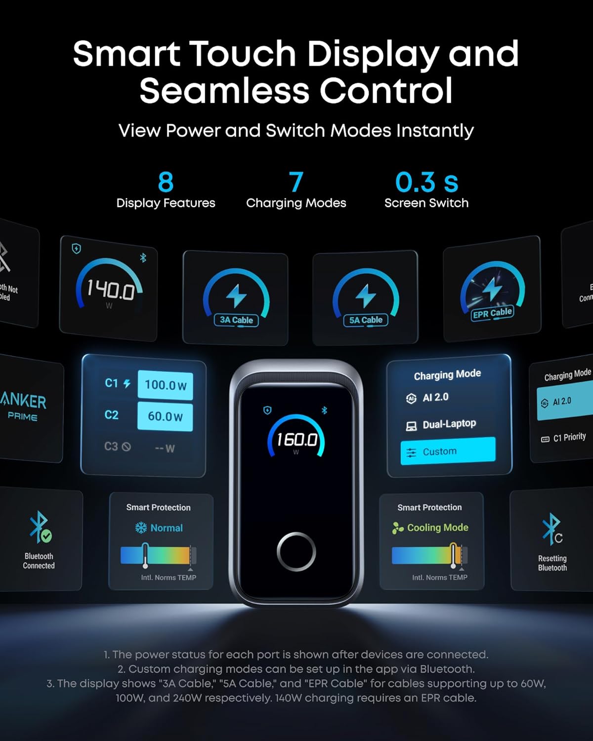 Smart touch display with charging modes and screen switch features on a dark background