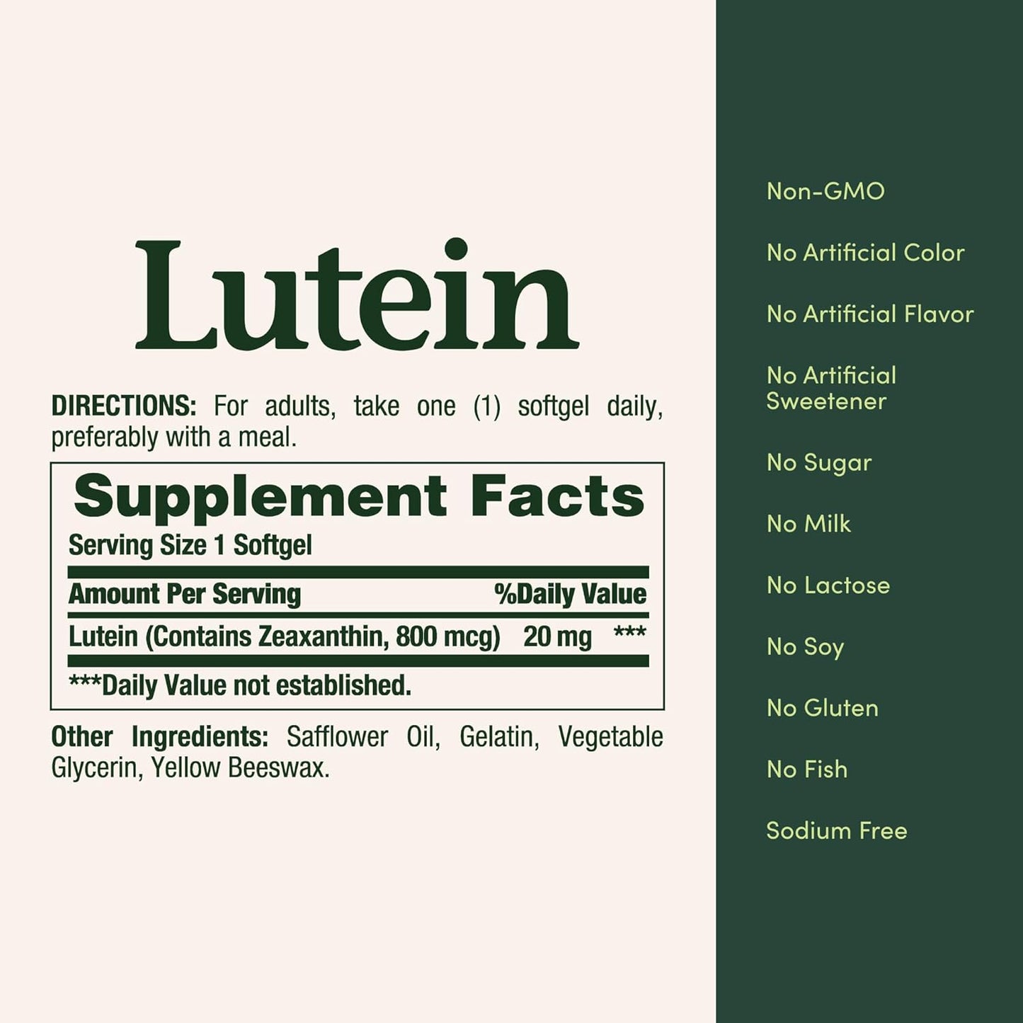 Lutein supplement label with directions and supplement facts on a green and white background.
