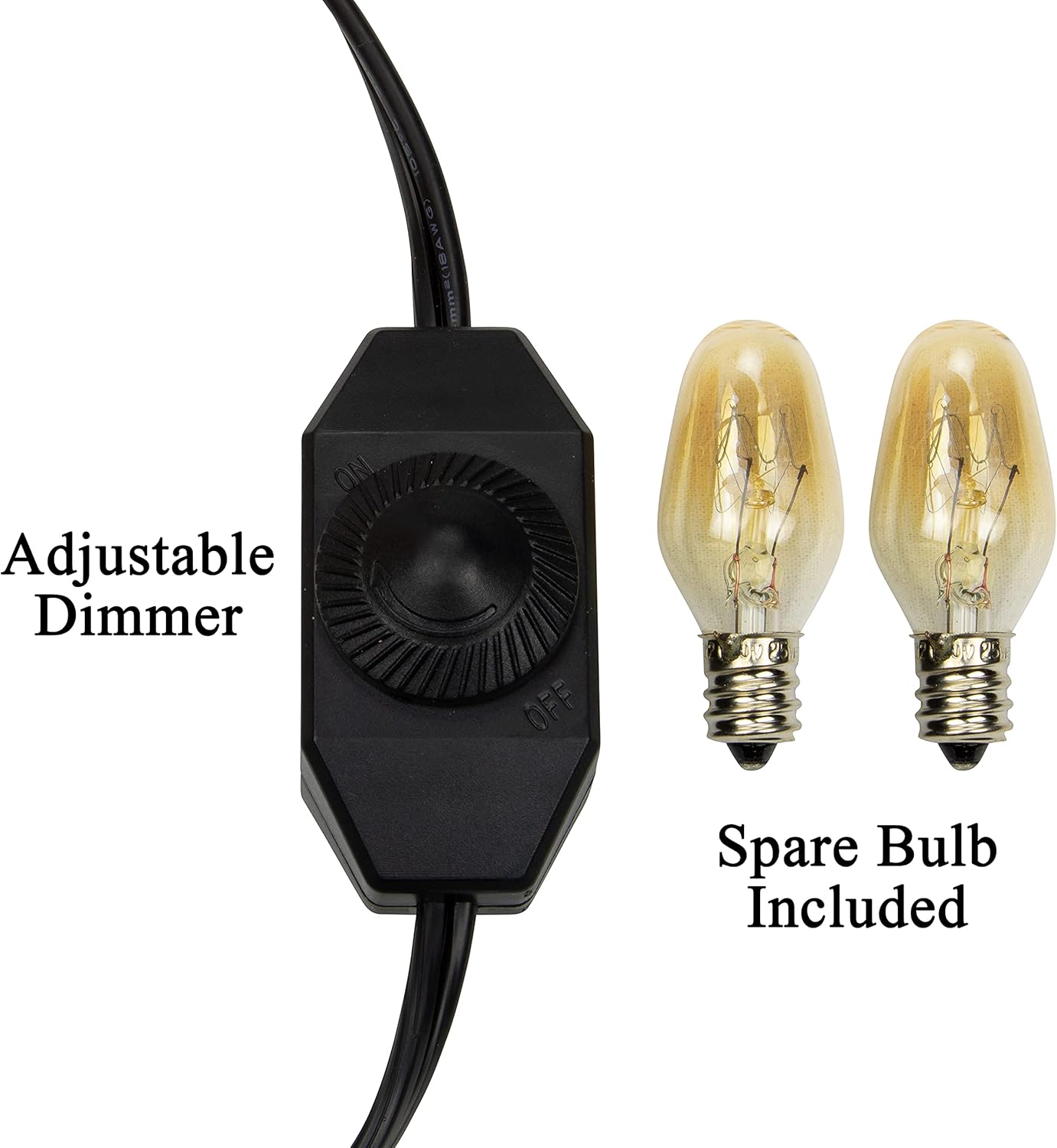 Adjustable dimmer switch with two spare light bulbs on a white background