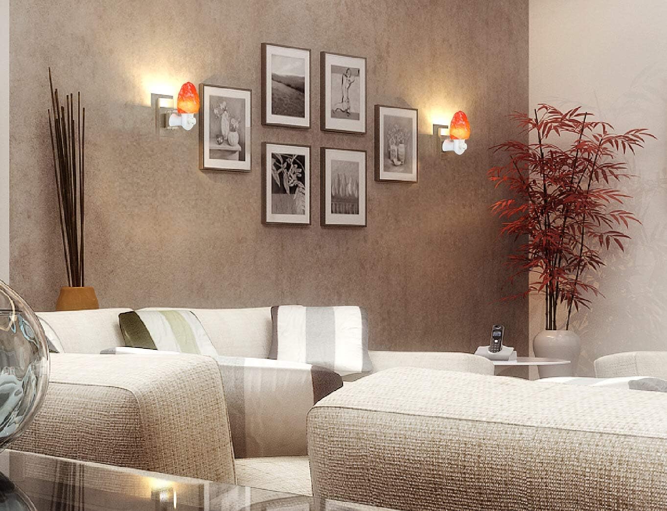 Modern living room with a beige sofa, decorative pillows, and wall art.
