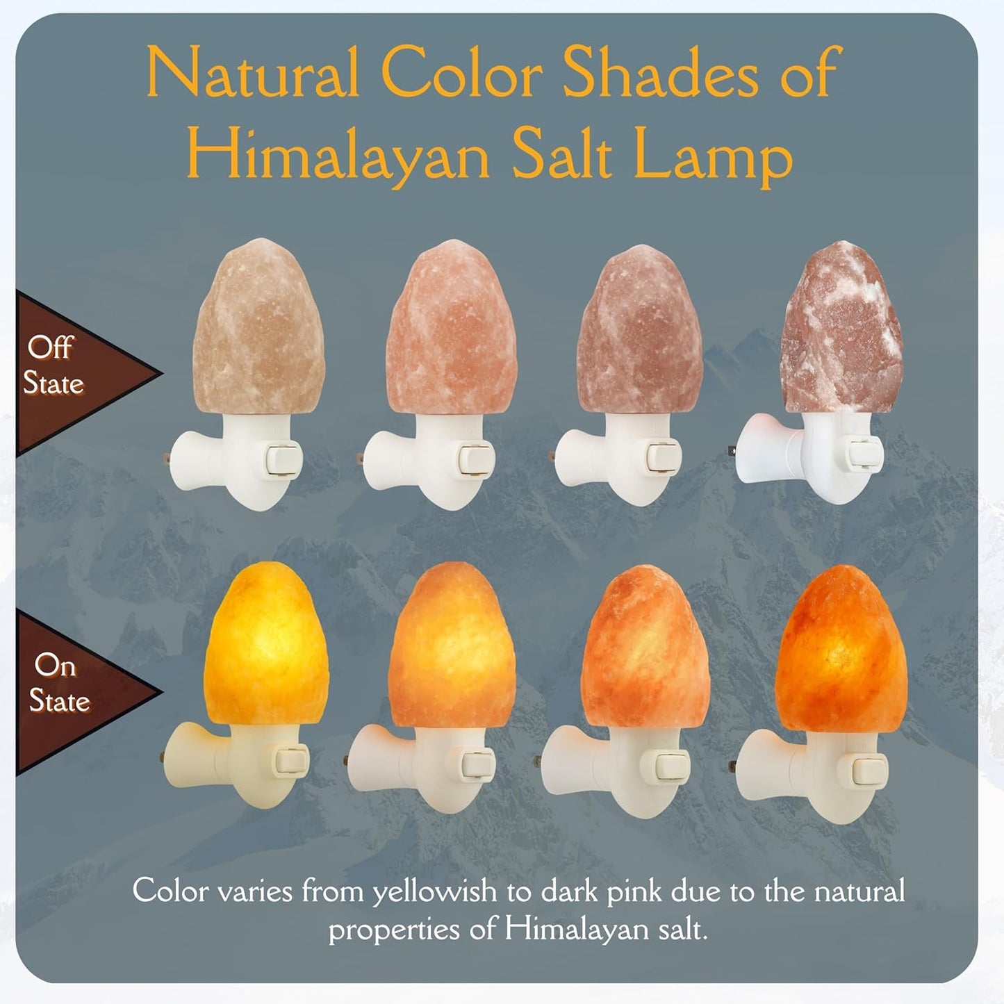 Display of Himalayan salt lamps in off and on states with color variation.
