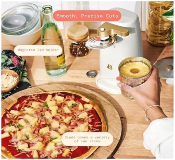 Easy-Prep Electric Can Opener by Drew Barrymore – One-Touch Auto Operation, Knife Sharpener, Bottle Opener, Stainless Steel