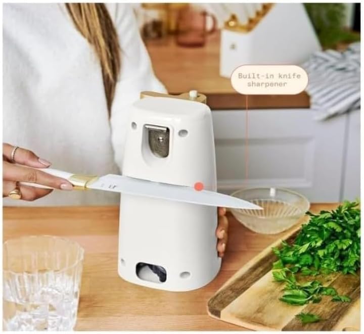 Easy-Prep Electric Can Opener by Drew Barrymore – One-Touch Auto Operation, Knife Sharpener, Bottle Opener, Stainless Steel