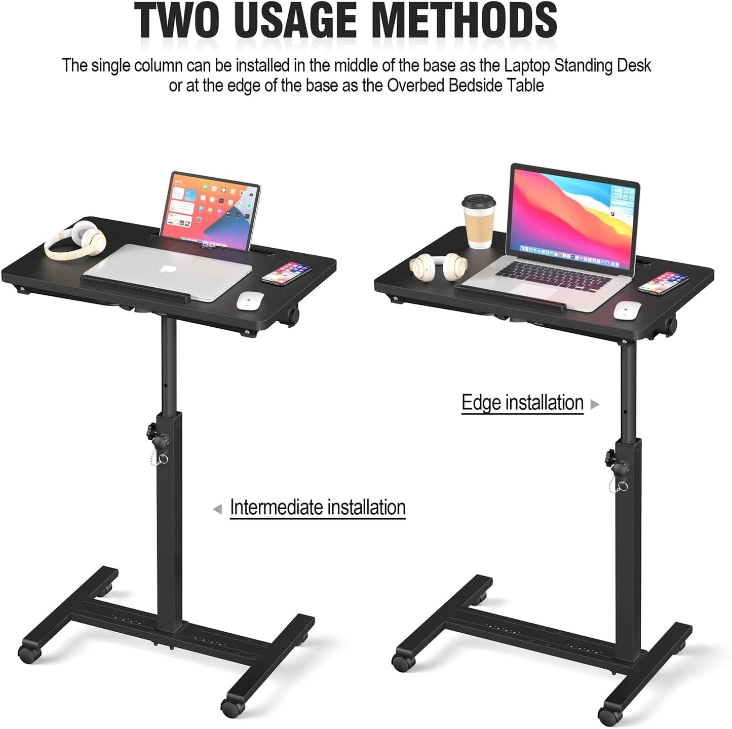 Adjustable Rolling Overbed Table – Height Adjustable Bedside Desk with Wheels (Black)