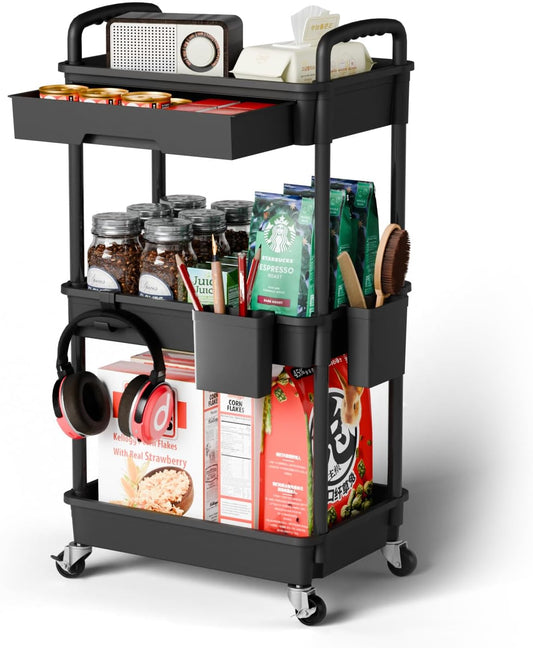 3-Tier Rolling Cart with Drawer – Mobile Storage Organizer with Wheels for Home & Office