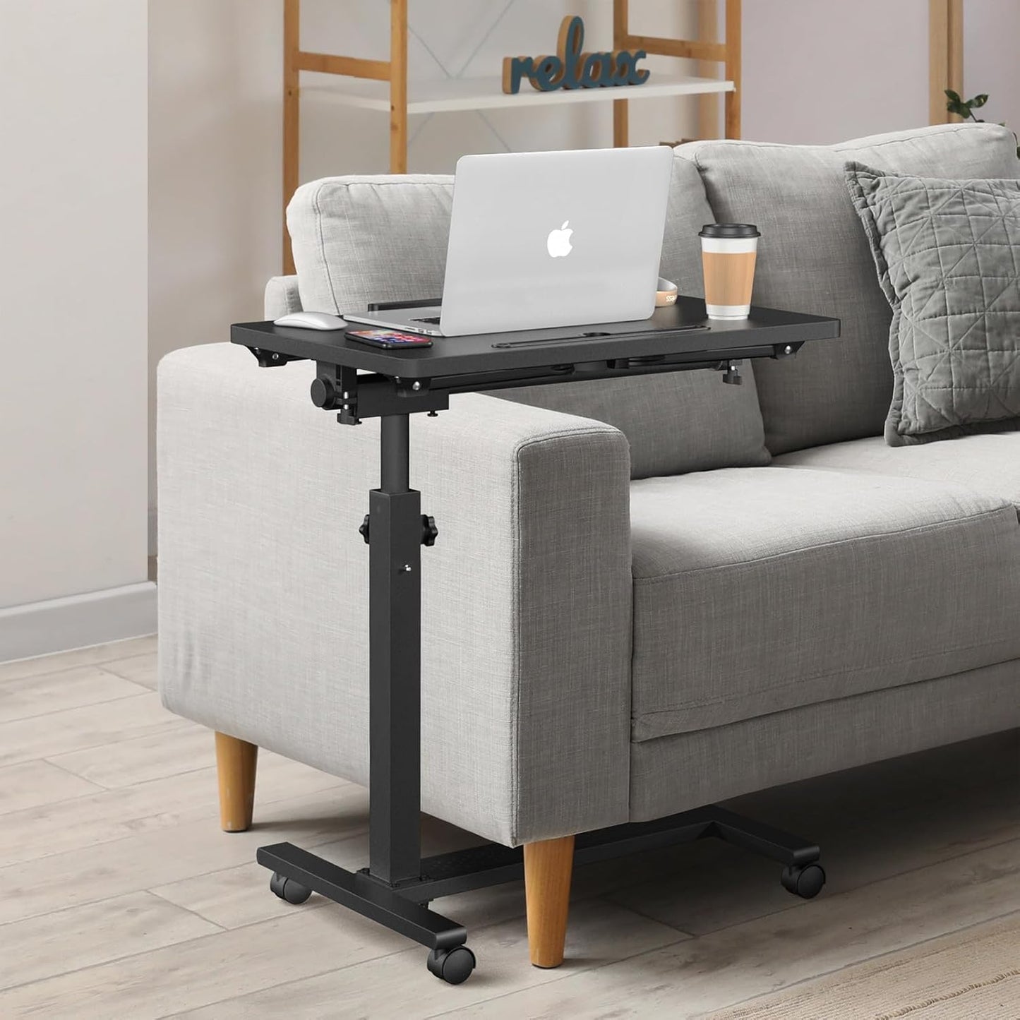 Adjustable Rolling Overbed Table – Height Adjustable Bedside Desk with Wheels (Black)