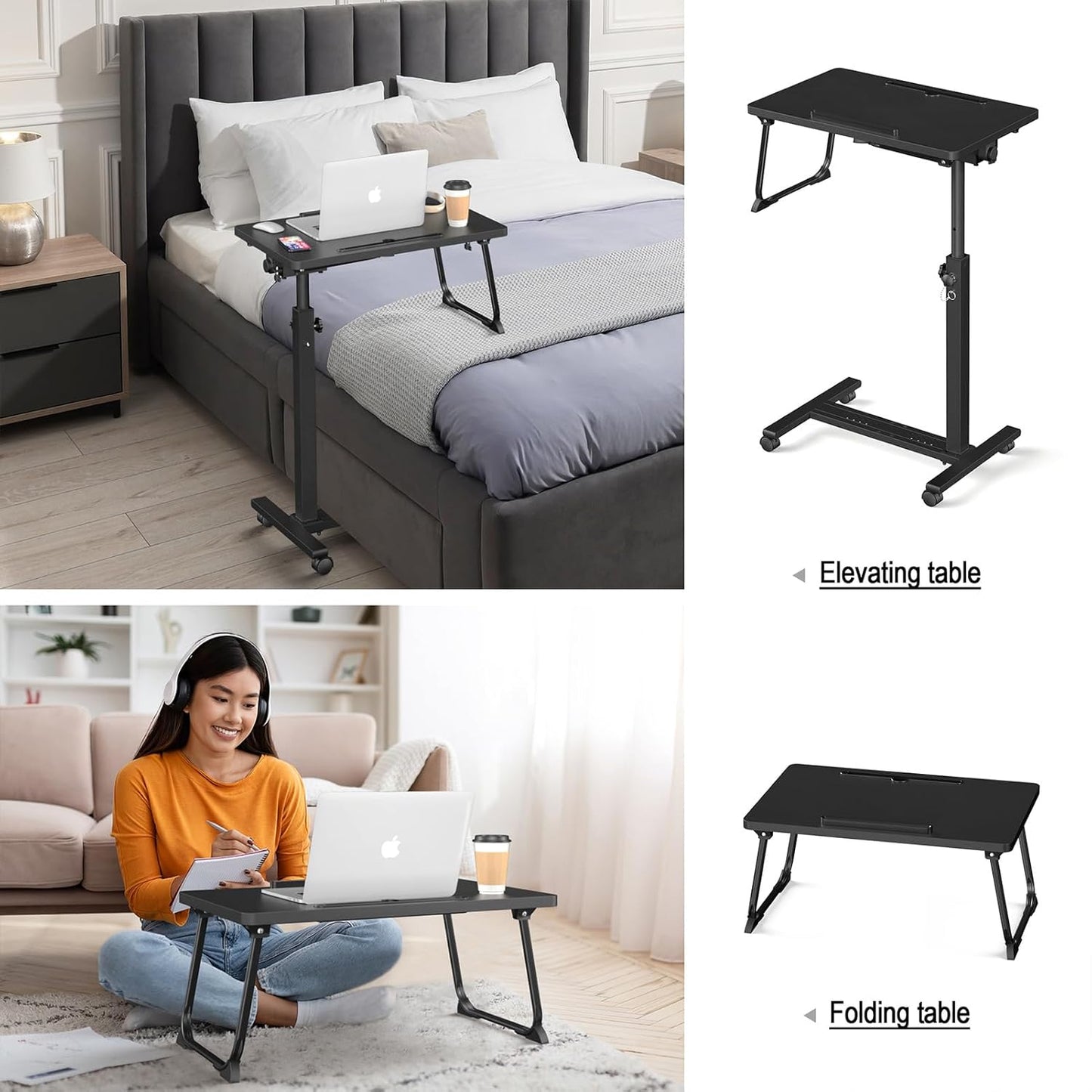 Adjustable Rolling Overbed Table – Height Adjustable Bedside Desk with Wheels (Black)