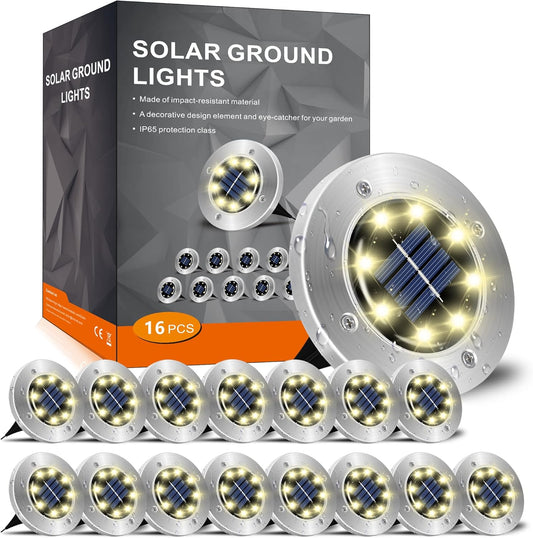 16-Pack Solar Ground Lights – Waterproof LED Outdoor Pathway Lights (Warm White)
