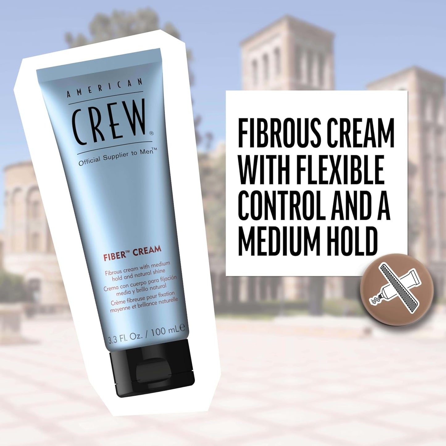 American Crew fiber cream tube with text about product features, set against a blurred architectural background.