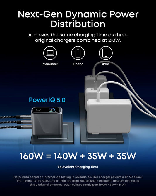 Power adapter with multiple ports and cables on a blue background, featuring text about dynamic power distribution.