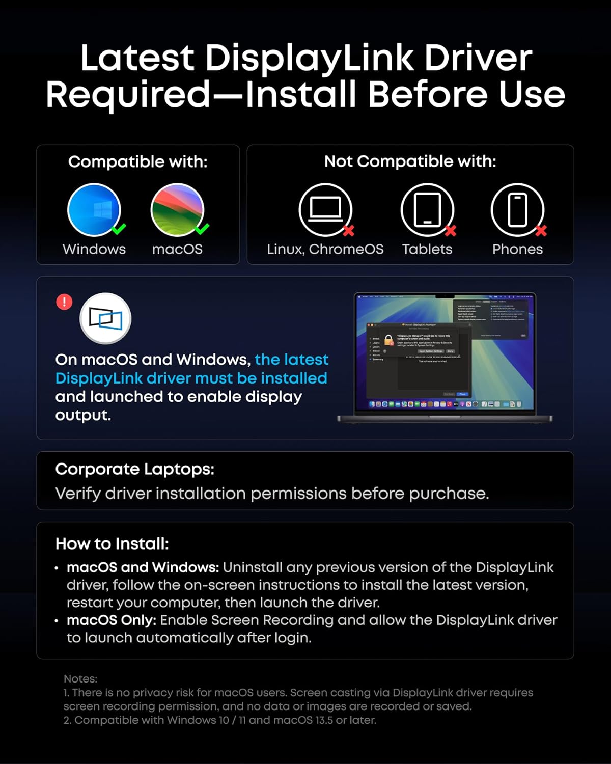 Instructions for installing the latest DisplayLink driver on Windows and macOS with compatibility details.