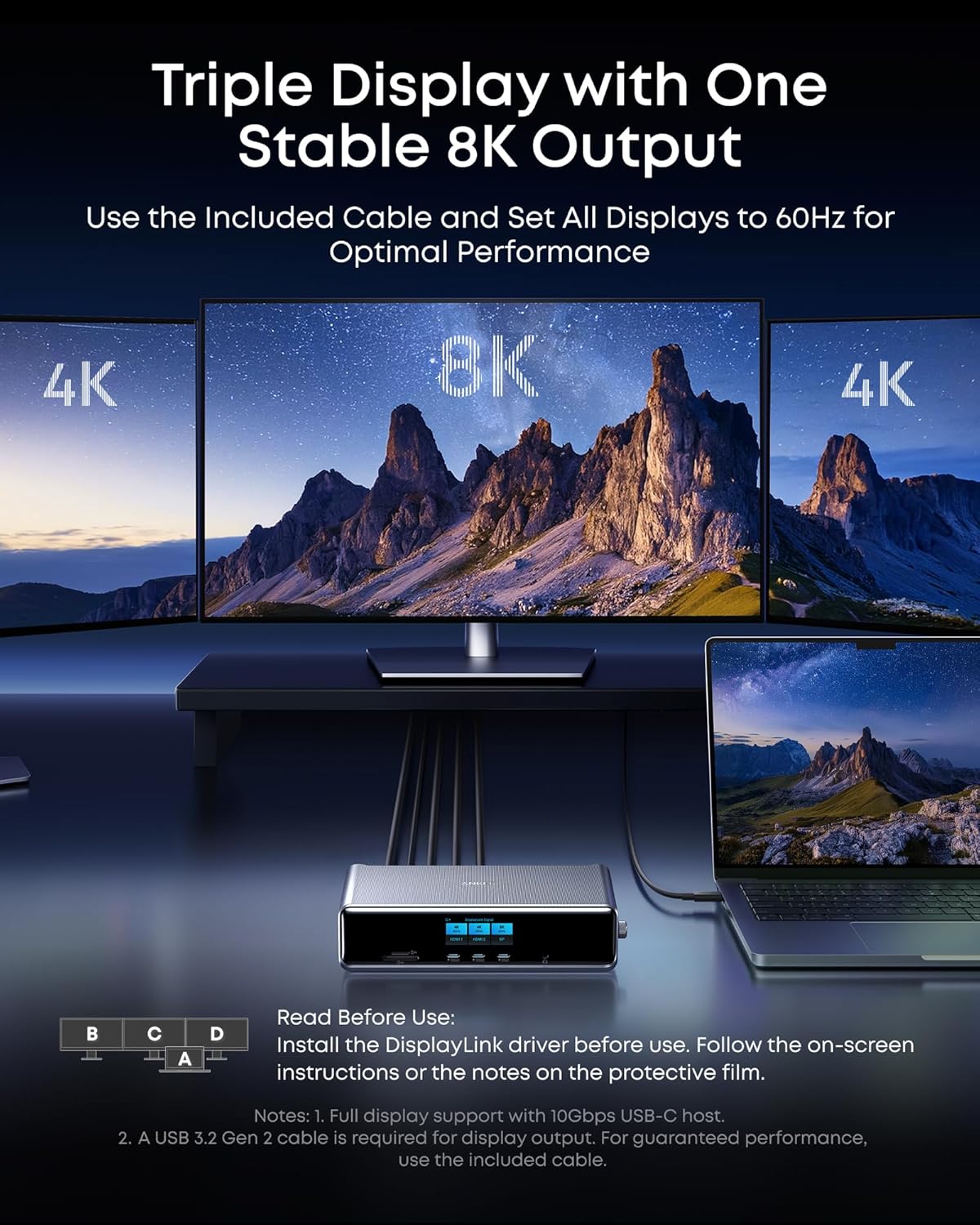 Triple display setup with 8K output on a dark background