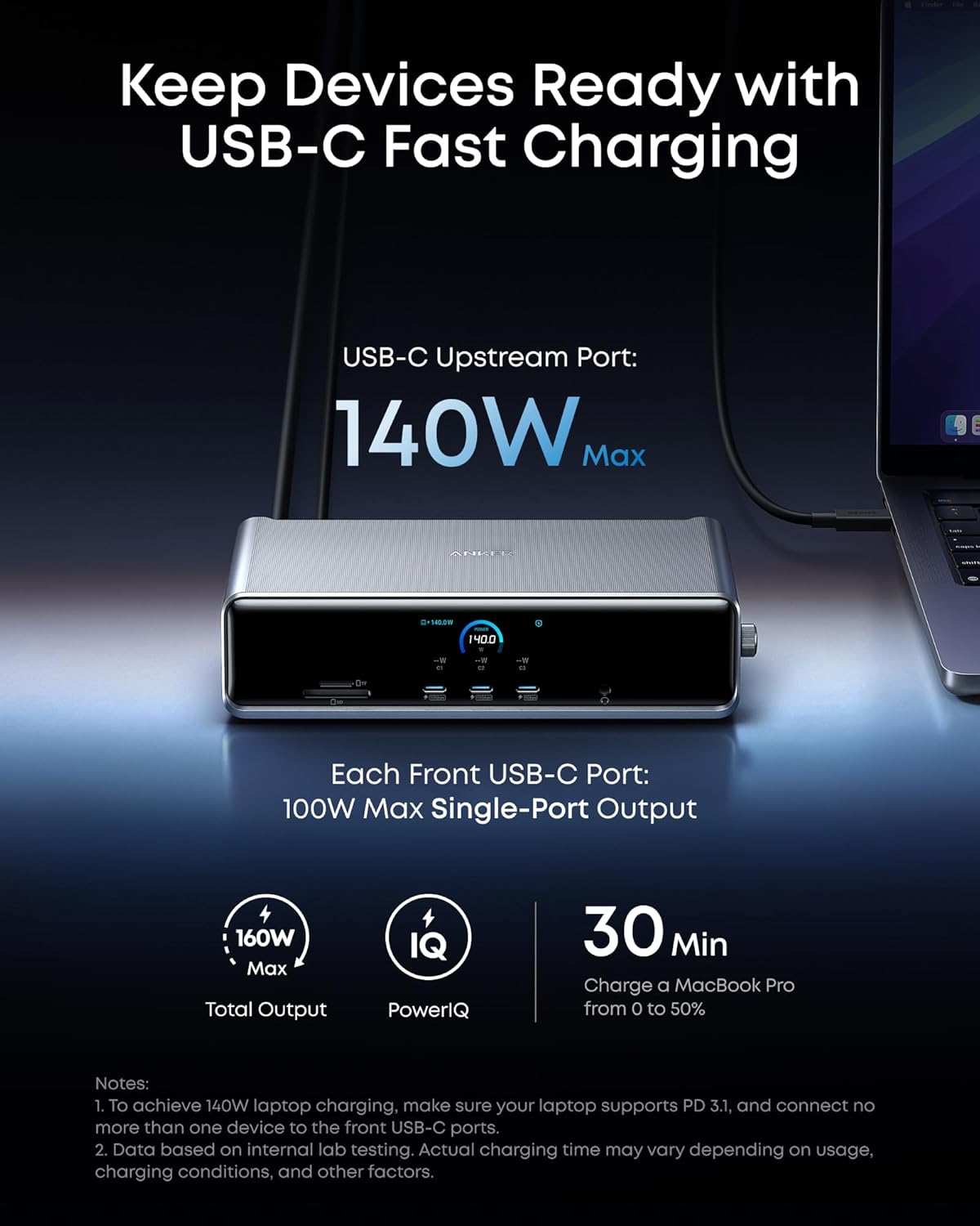 USB-C charging hub with laptop on a dark background, highlighting USB-C fast charging capabilities.