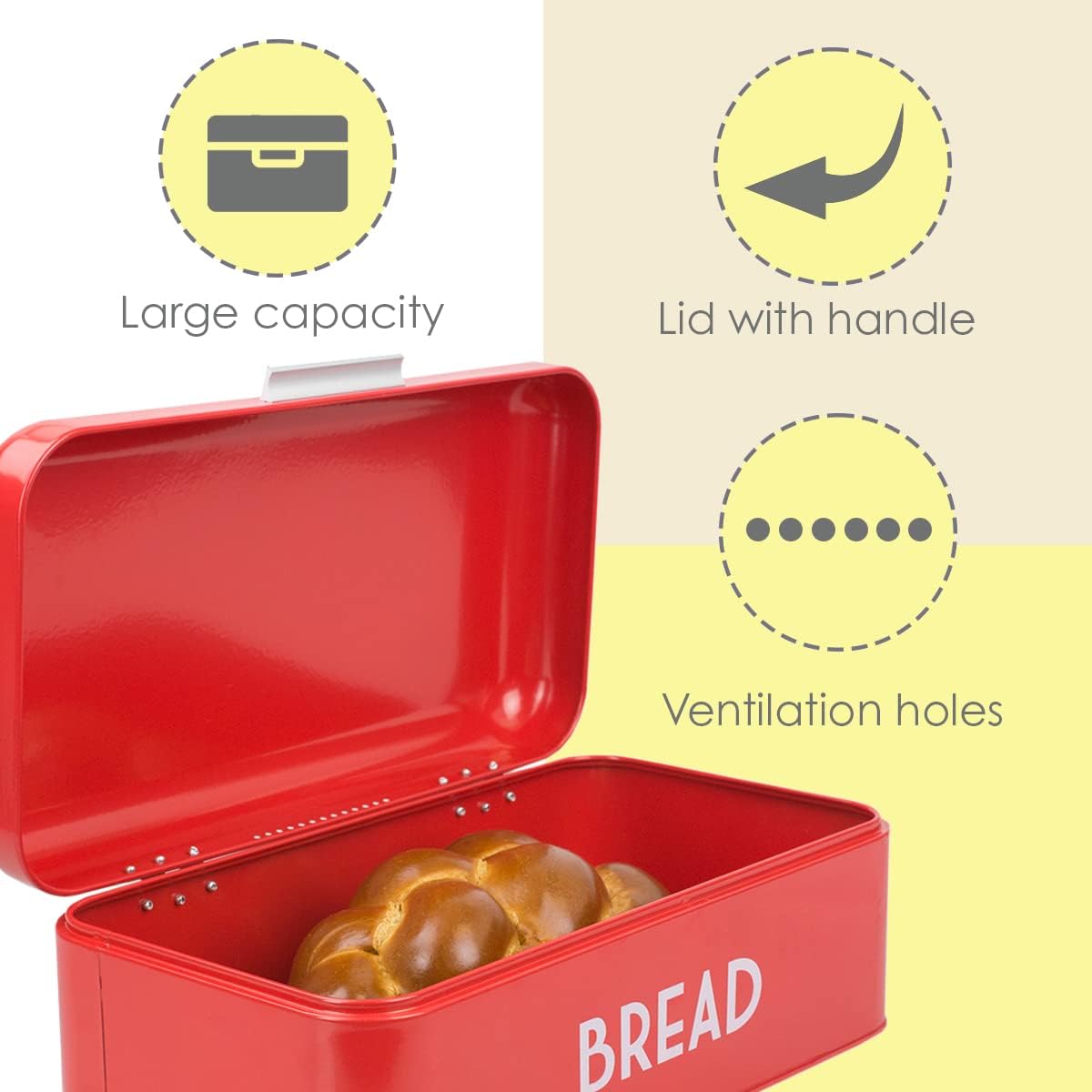 Red bread box with features highlighted on a yellow background