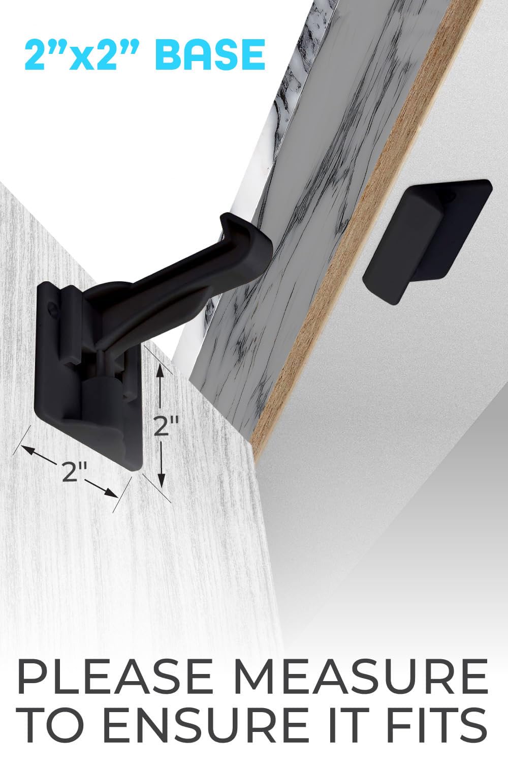 Black bracket attached to a wall with measurements indicated, on a light gray background.