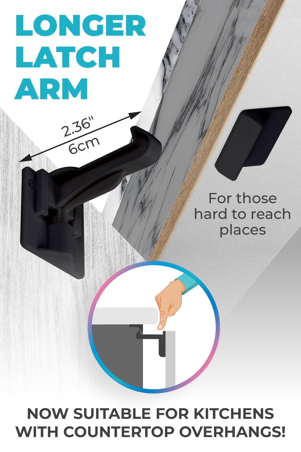 Black latch arm with longer arm design for kitchen cabinets with countertop overhangs.