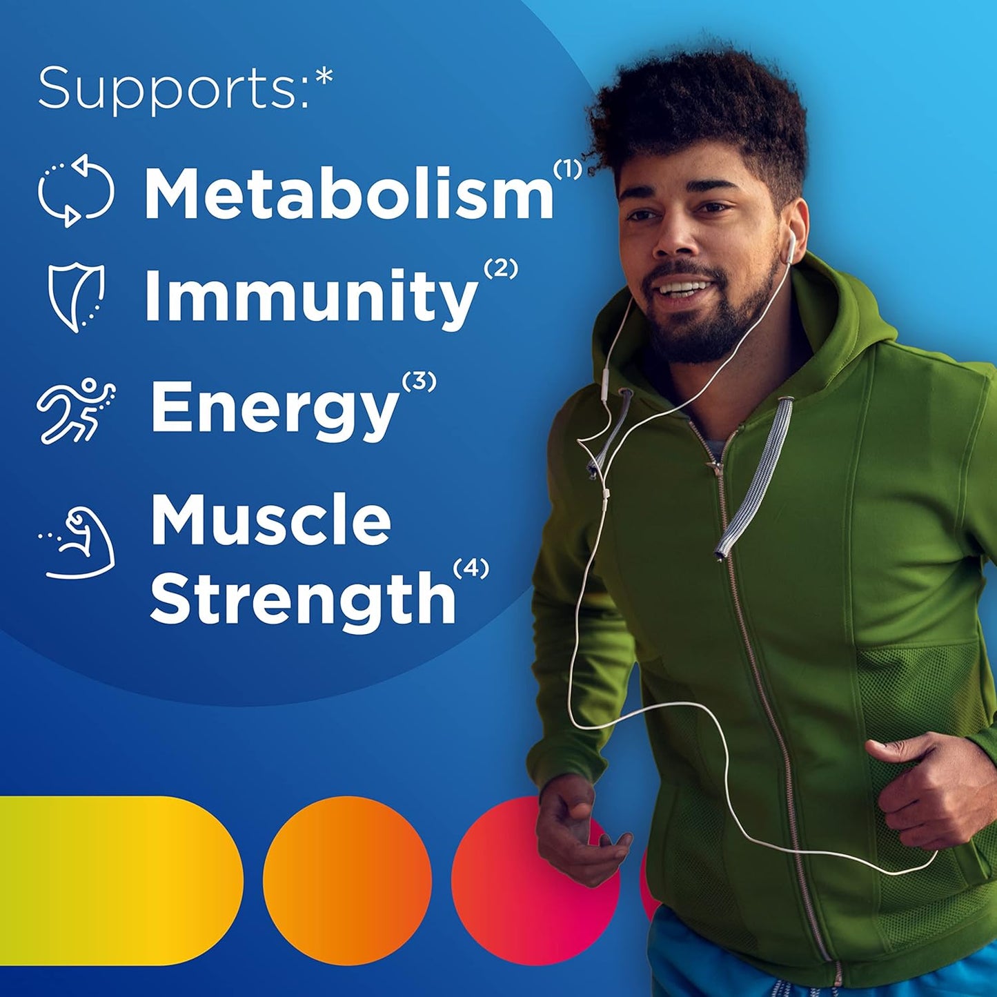 Man wearing a green jacket with text about health benefits on a blue background