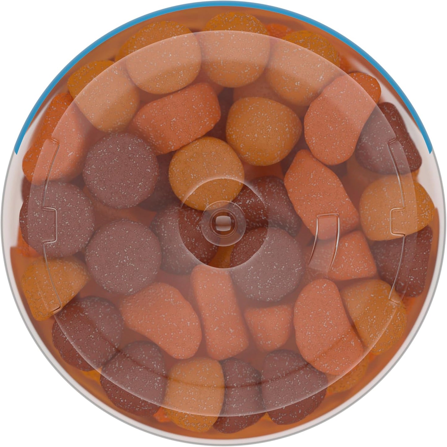 Round container filled with multicolored jelly beans on a white background