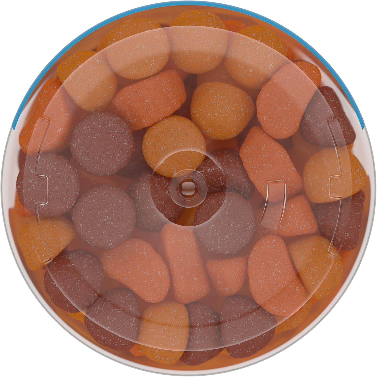 Round container filled with multicolored jelly beans on a white background