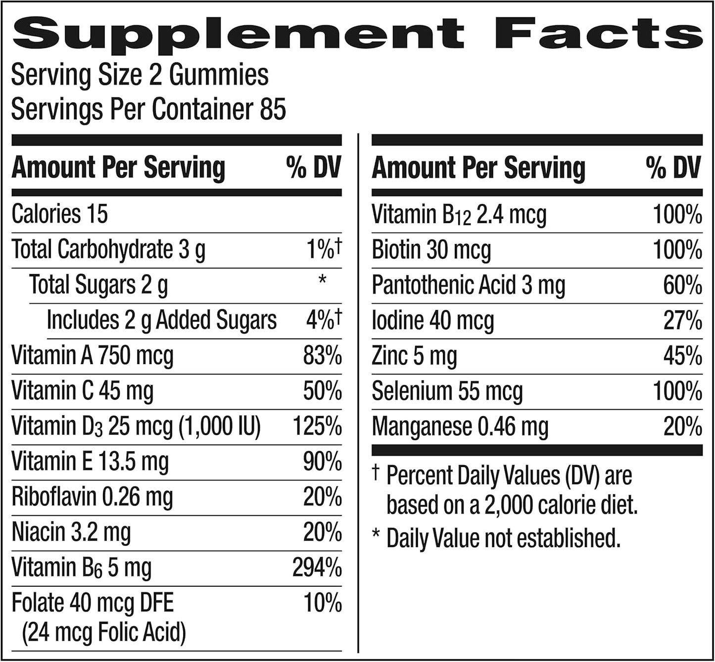 Supplement facts label for gummy vitamins with detailed nutritional information.