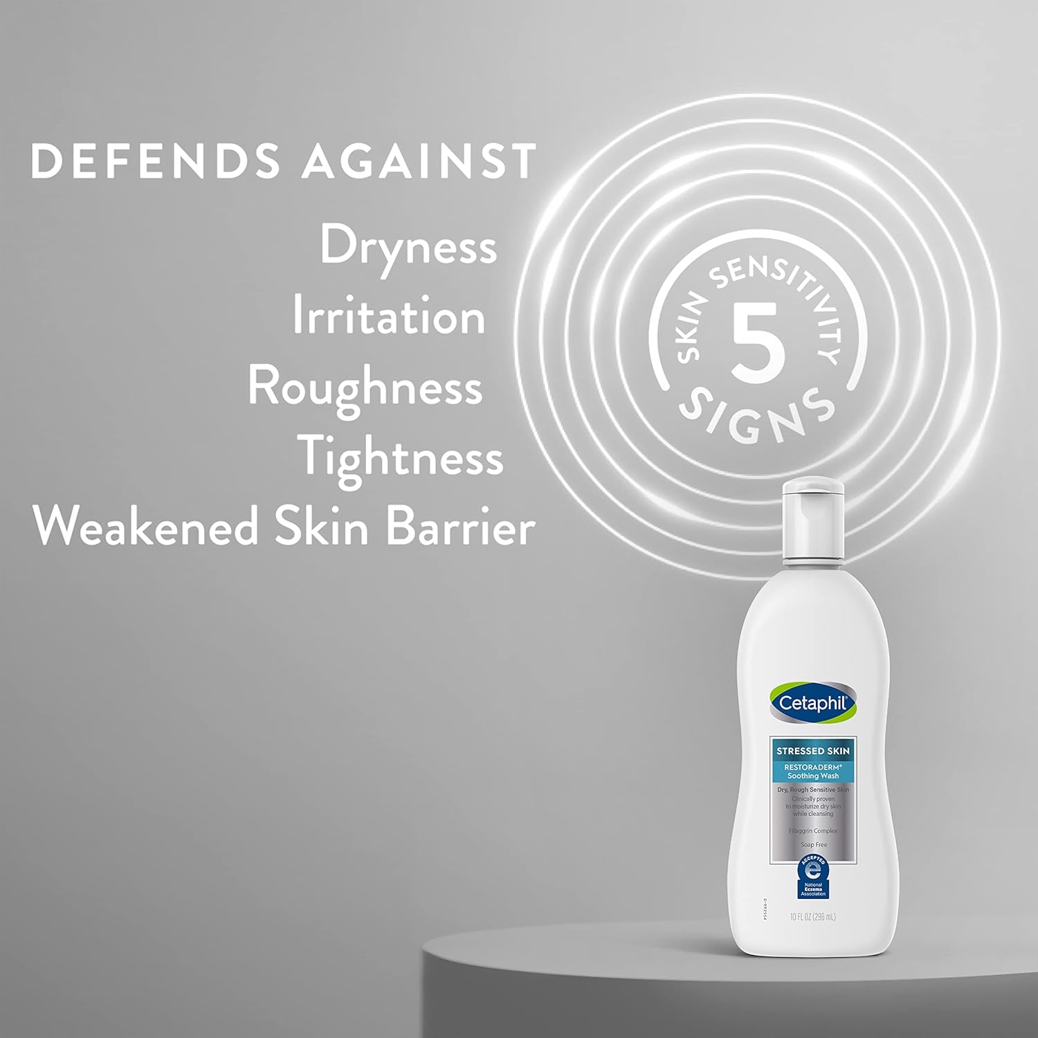 Cetaphil bottle on a gray background with text about skin care benefits