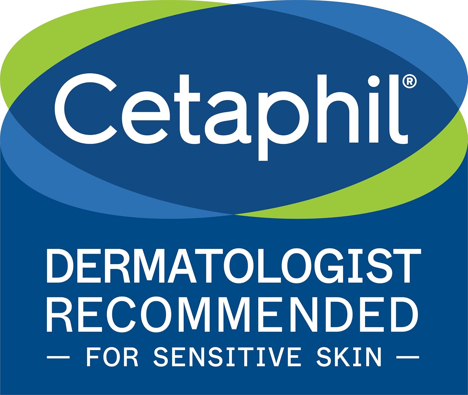 Cetaphil logo with 'Dermatologist Recommended for Sensitive Skin' text on a blue background