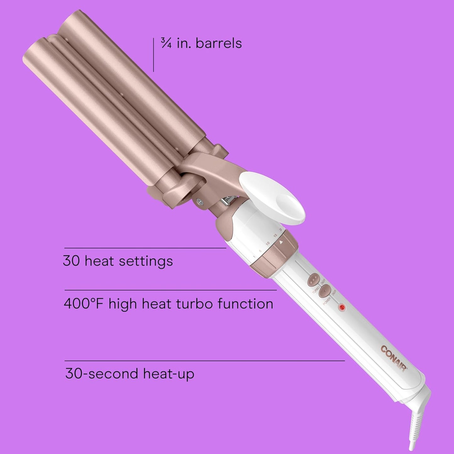Hair curling iron with specifications on a purple background