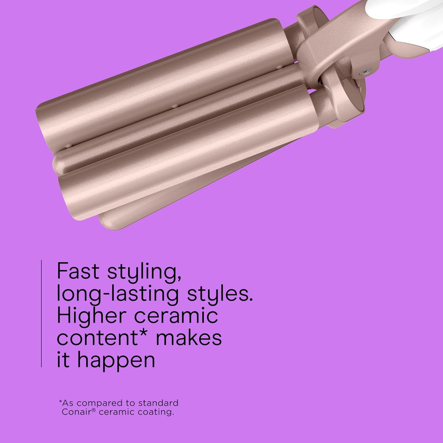Hair styling tool with text on a purple background