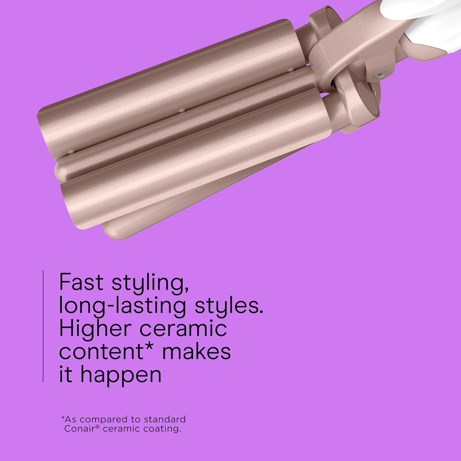 Hair styling tool with text on a purple background
