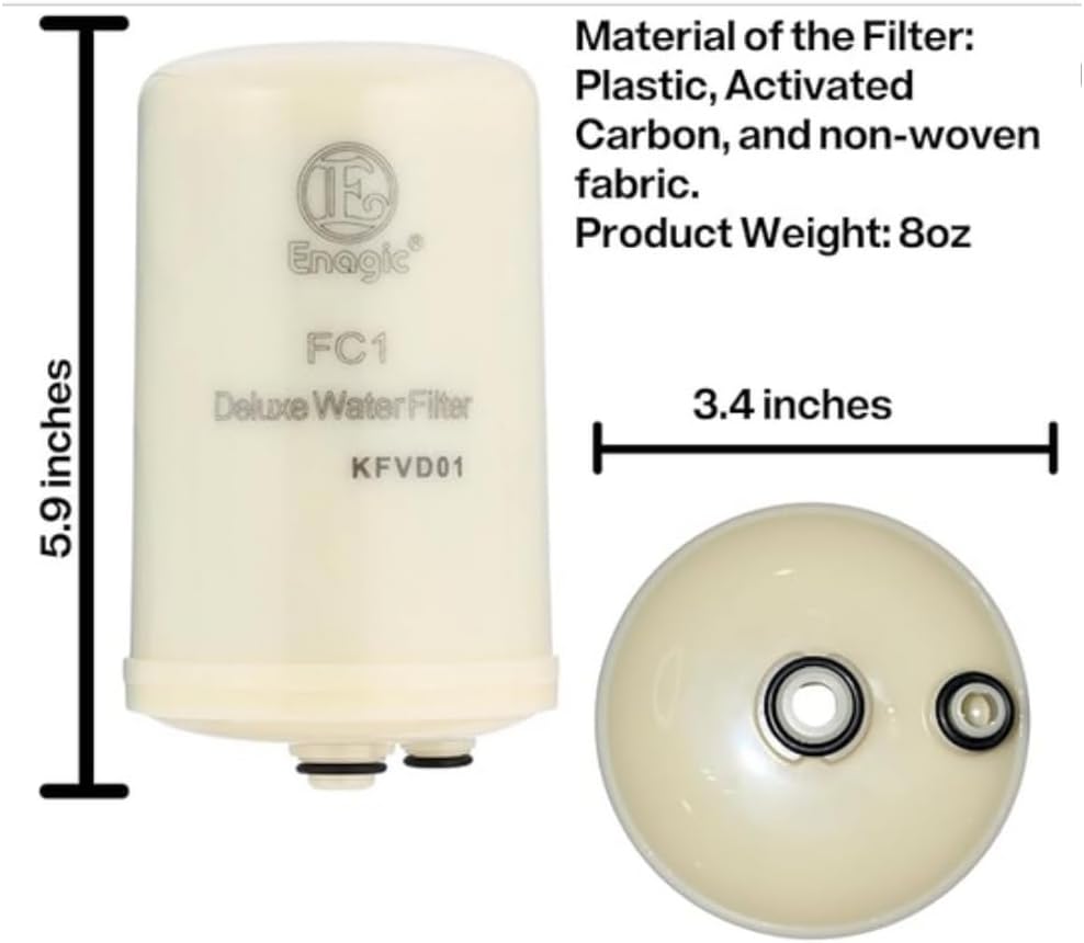 Energizer FC1 deluxe water filter with dimensions and material details on a white background