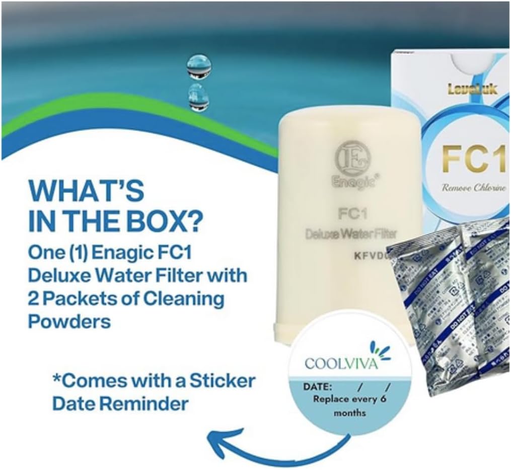 Enagic FC1 Deluxe Water Filter with cleaning powders and a Coolviva sticker on a blue and white background.