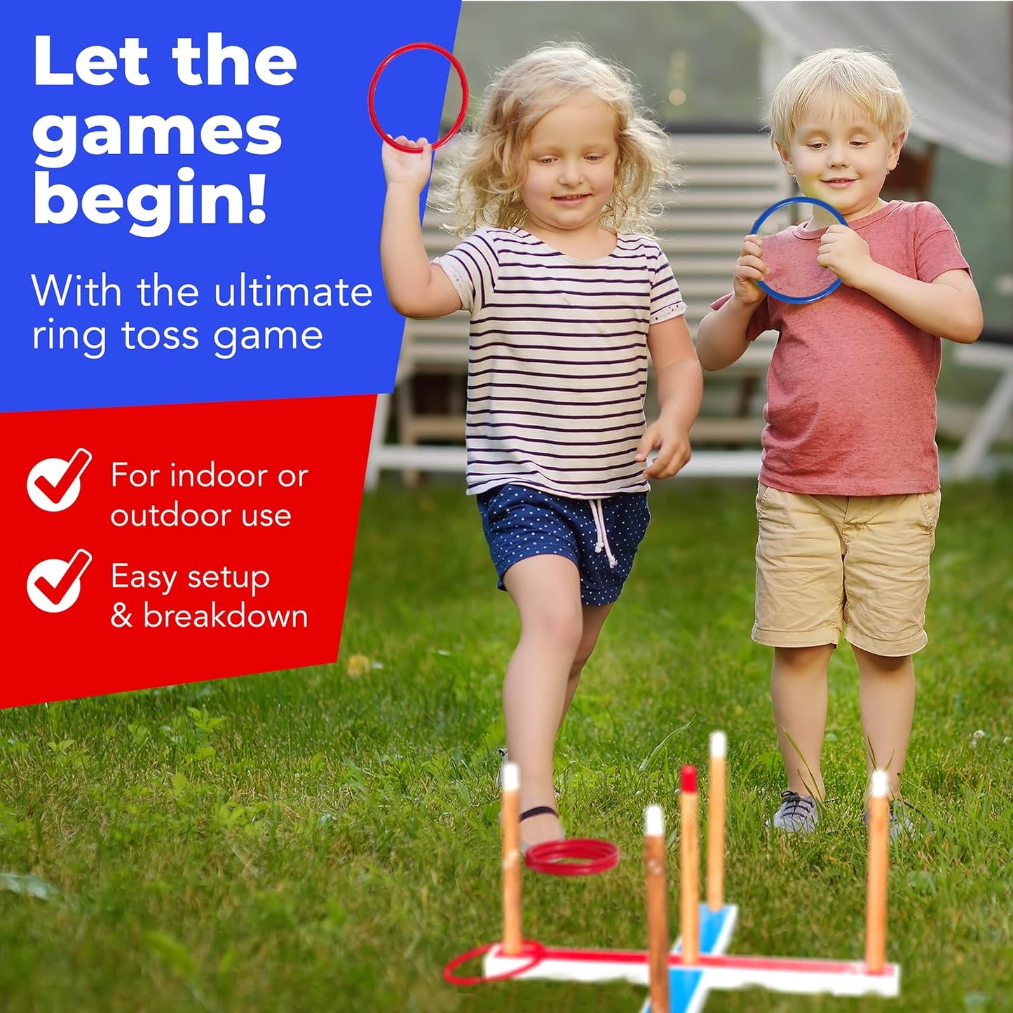 Two children playing ring toss game with promotional text about the product.
