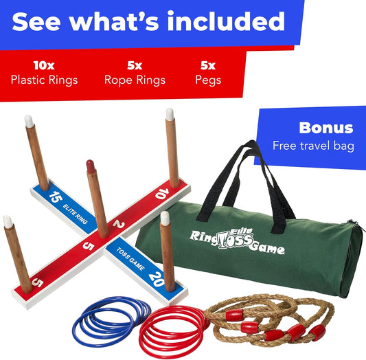 Cup and ball game set with rings, rope rings, and pegs, including a travel bag.