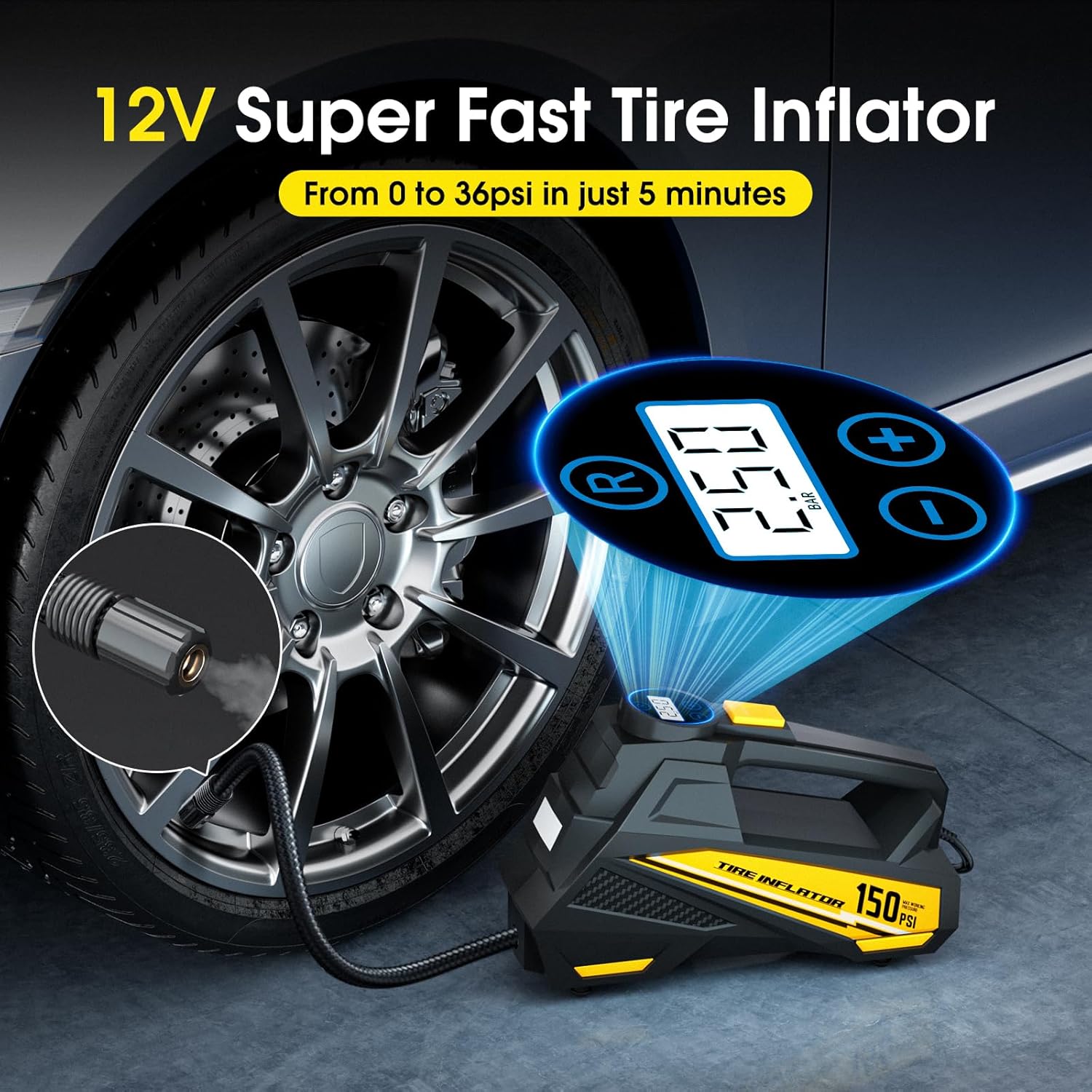 12V Super Fast Tire Inflator with digital display next to a car tire