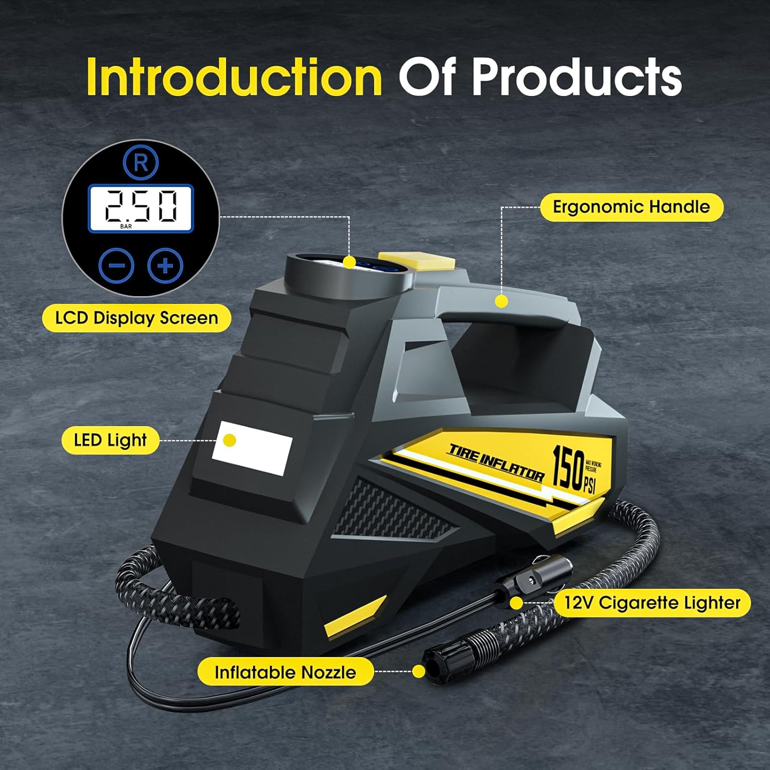Tire inflator with labeled features on a dark background