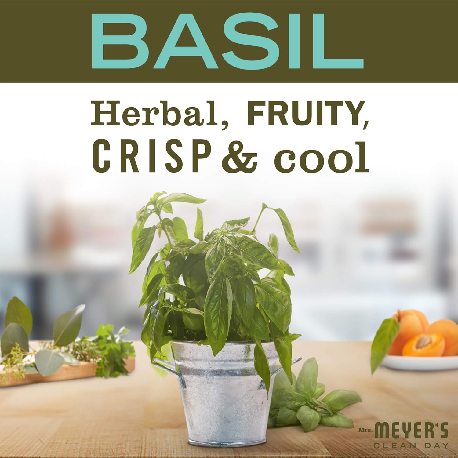 Basil plant in a pot on a kitchen counter with text describing its flavor profile.
